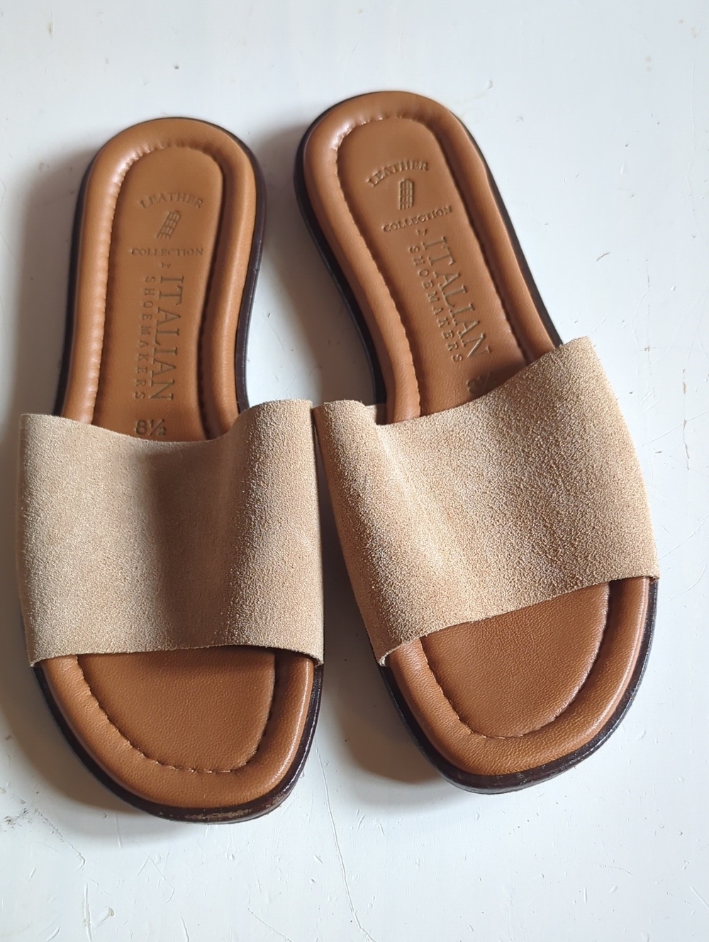New Without Tag Italian Shoemakers Tan Suede Slide Flats 8 1/2